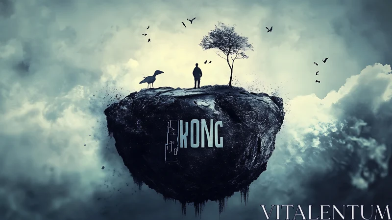 Floating rocky island with lone figure, bird and tree.