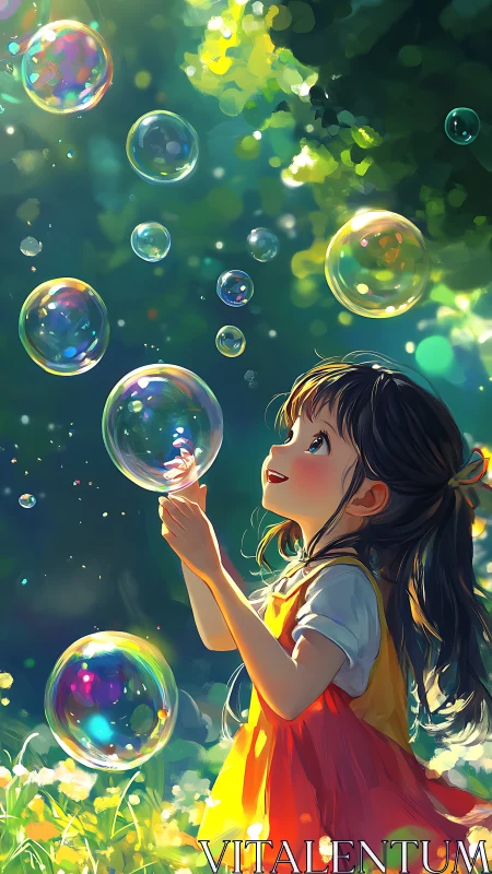 Backlit child studies iridescent soap bubbles in lush summer garden