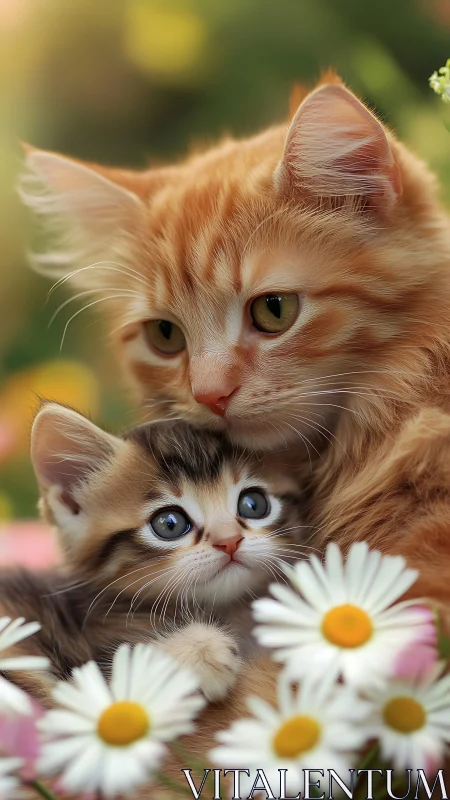 Orange Cat Protects Tabby Kitten Among Daisies.