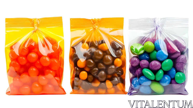 Three sealed bags containing spherical and ellipsoidal confectionery items