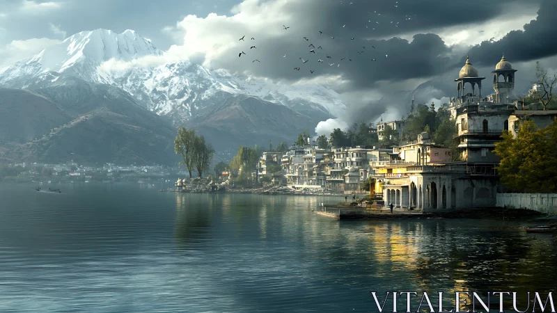 Snowcapped mountains above lakeside domed city at dusk.