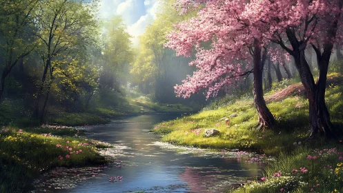 Sunlit spring forest stream renders atmospheric depth and bloom