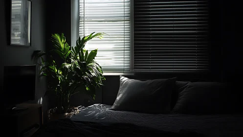 Shadowed bedroom with window blinds and lush potted plant.