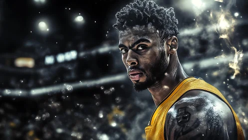 Focused basketball player glows under dramatic arena lights