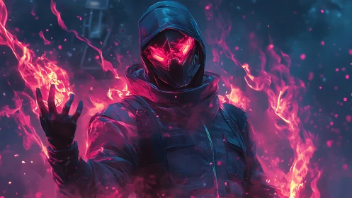 Hooded fire mage commands neon flames in frozen night