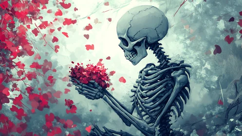 Skeletal romantic cradles crimson petals in ghostlight hush.