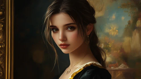 Young woman in ornate dress posed before painted backdrop