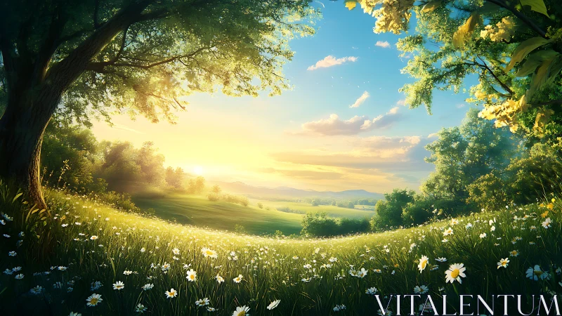 Sunlit meadow landscape with daisies and distant hills.