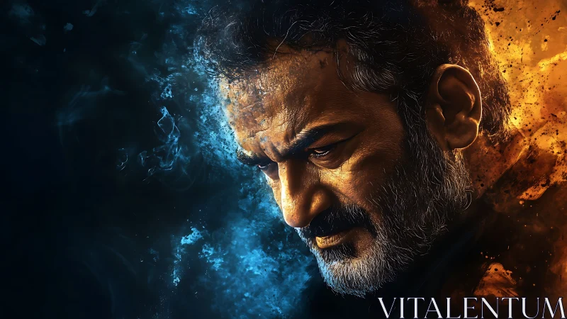 Stoic man portrait split by blazing fire and cold smoke.