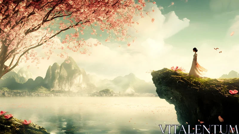 Serene woman on cliff beneath cherry blossoms at lake.