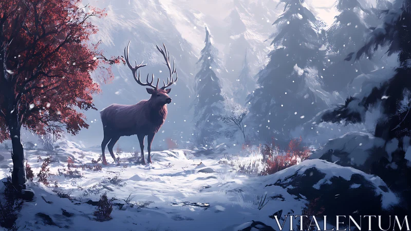 Red stag standing in snowy conifer forest clearing.