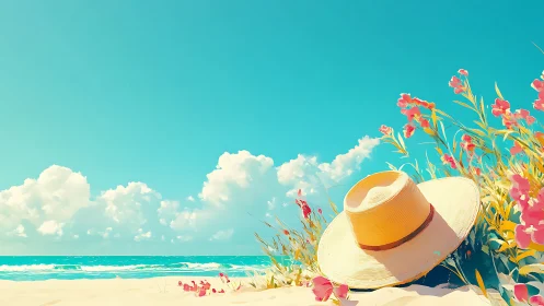 Straw sun hat on vivid floral beach under turquoise sky.