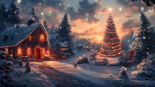 Snowy village cottage with large glowing Christmas tree.