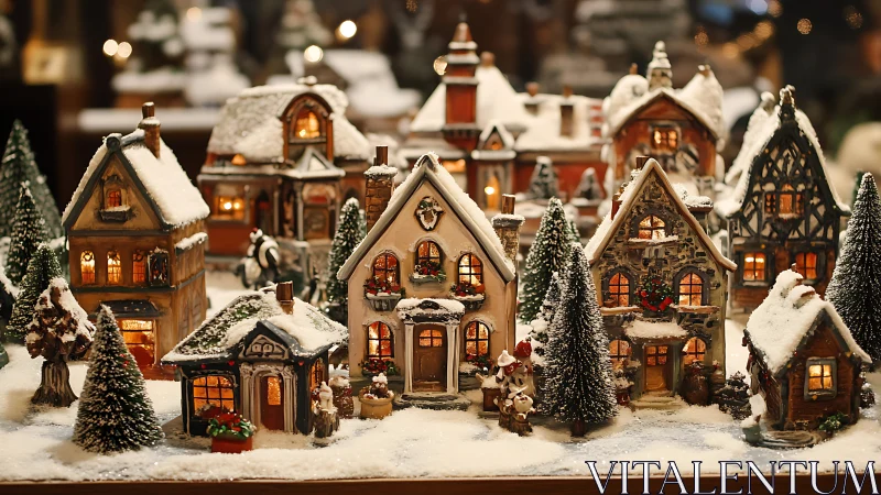 Miniature snow-covered Christmas village with warm lighting.