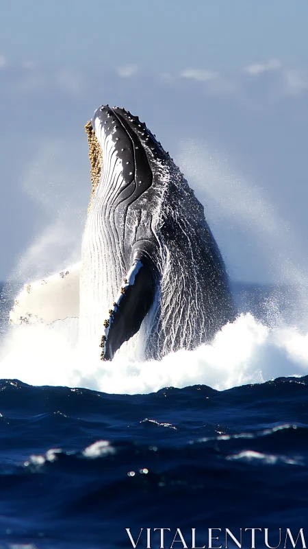 Humpback whale breaches vertically from open ocean surface