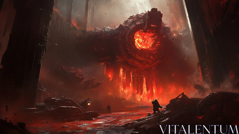 Magma-core war colossus emerging in infernal industrial vault.