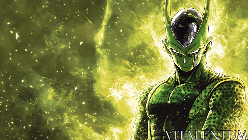 Green humanoid figure in energy field with abstract backdrop.