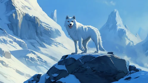 Lone white wolf crowns a sunlit kingdom of icy blue peaks.