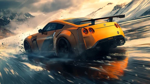 Digital painting of racing supercar on reflective icy terrain.