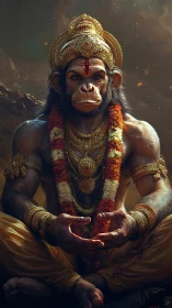 Divine monkey warrior sits in golden ceremonial splendor.
