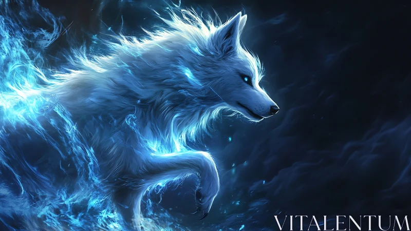 Luminous spectral wolf in kinetic blue plasma flowscape.