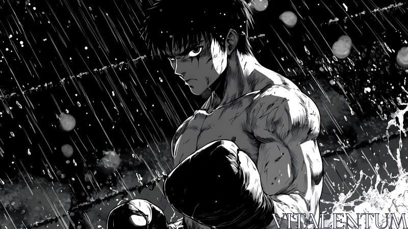 High-contrast manga boxer under driving rain, dynamic chiaroscuro.