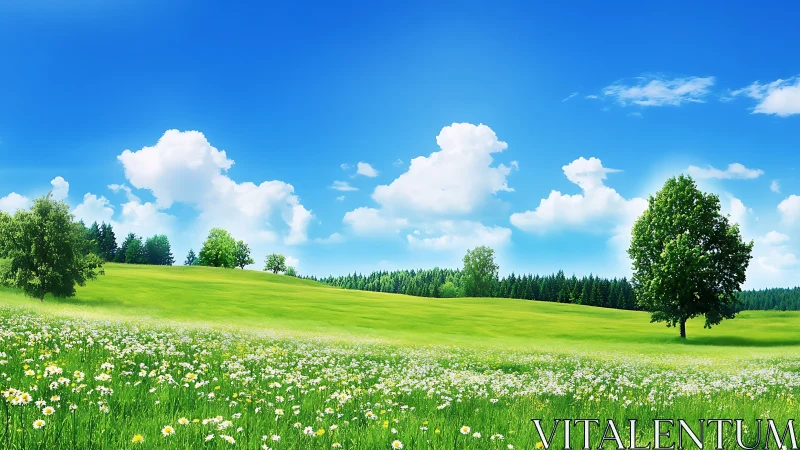 High-saturation meadow landscape with daisies and cumulus clouds