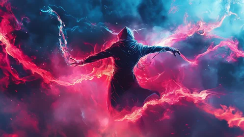 Hooded figure amid red and blue swirling energy clouds.
