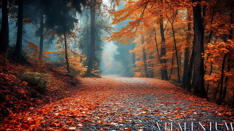 Autumn forest pathway with volumetric light diffusion and chromatic leaf accumulation