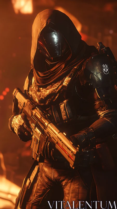 Hooded sci‑fi soldier stands armed in molten industrial glow