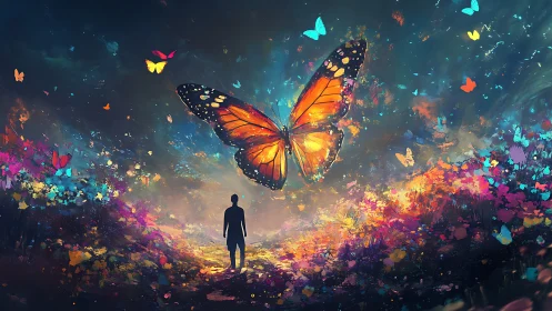 Digital painting of colossal butterfly over dreamlike wanderer.