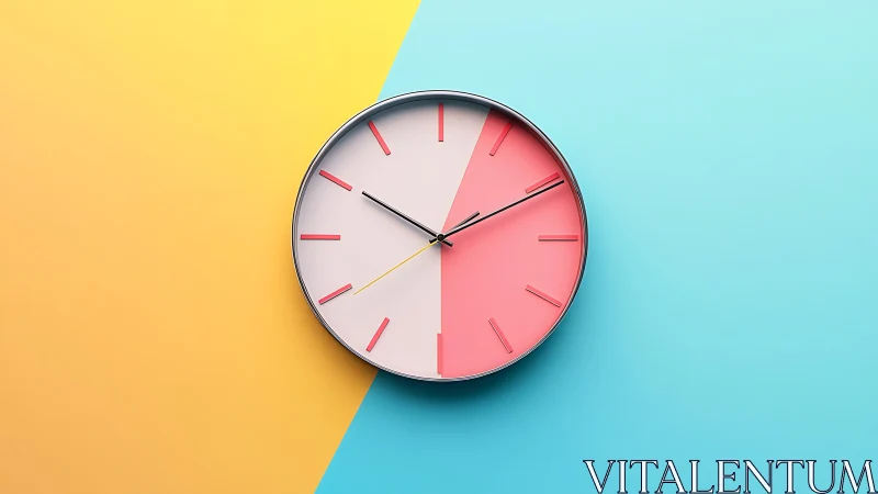 Minimal wall clock on split yellow and blue background.