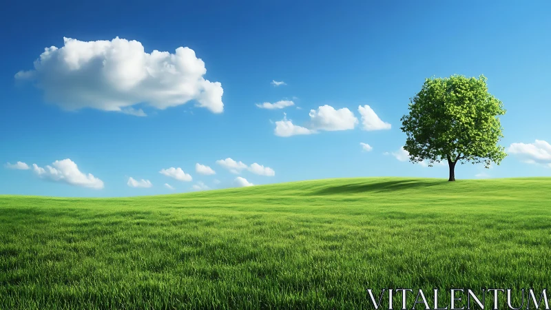 Single deciduous tree on sunlit grass hill under high-contrast sky