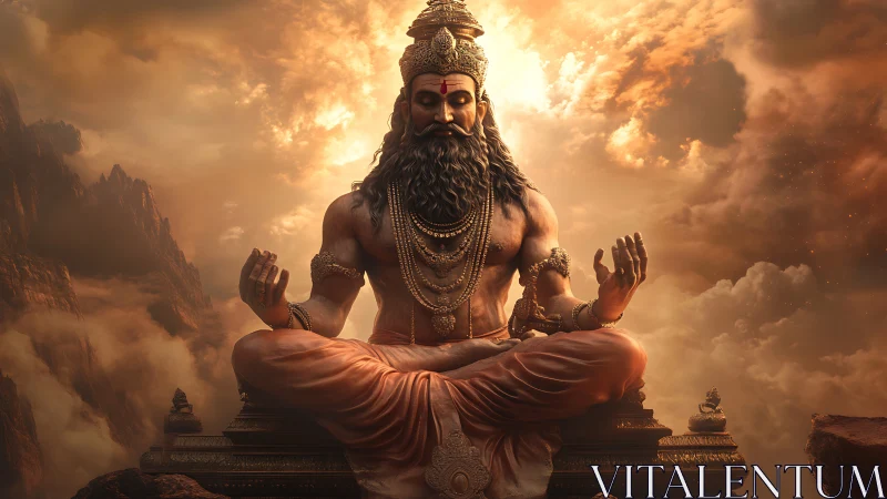 Mythic yogi statue in golden atmospheric mountain clouds