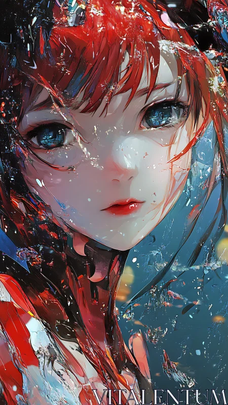 Cyborg girl stares through fractured glass in vivid color