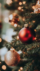 Cozy Christmas tree ornaments glowing in soft holiday light.