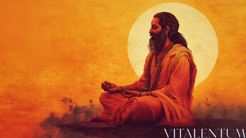 Meditating sage sits before radiant sun in orange glow