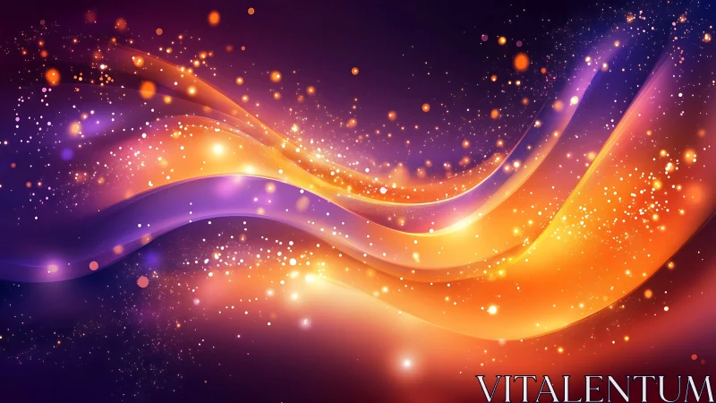 Luminous orange waves curve through deep violet galaxy field