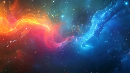 Cosmic red and blue nebulae collide in a star-filled void.