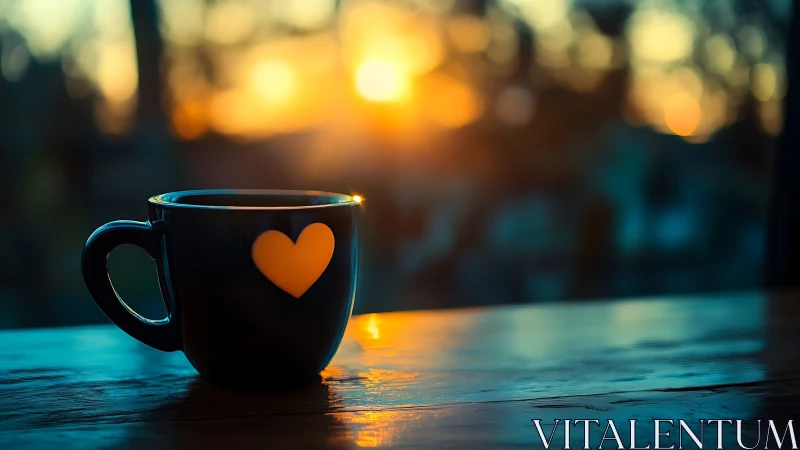 Ceramic heart mug isolated against warm sunrise bokeh field