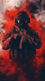 Tactical operator in crimson particulate combat atmosphere.