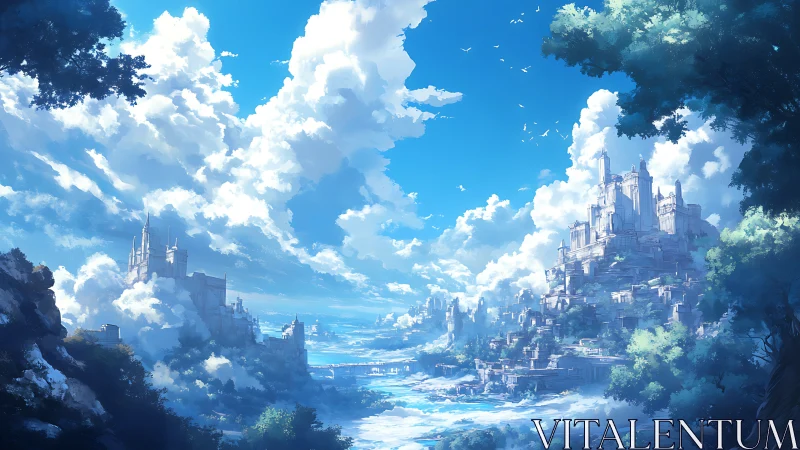 Digital painting of terraced coastal citadel under vast sky.