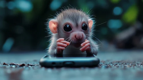 Wide-eyed baby monkey guards a mysterious glowing phone.