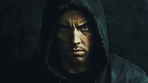 Moody hooded male portrait under low key directional lighting