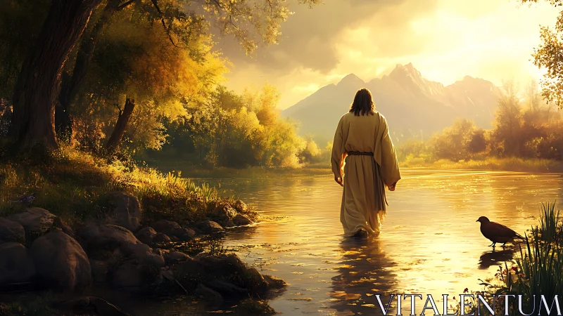 Backlit robed figure wading through river under aureate sky.