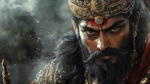 Warrior king glares through smoke with jeweled battle crown.