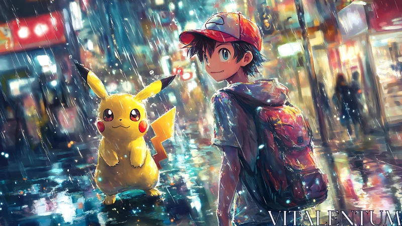 Trainer and electric creature walk through neon city rain