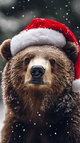 Festive brown bear in snowfall wears a bright Santa hat