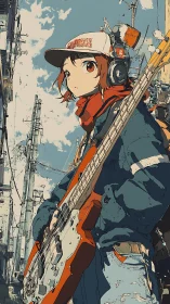 Street sky hums as headphone kid shoulders orange bass
