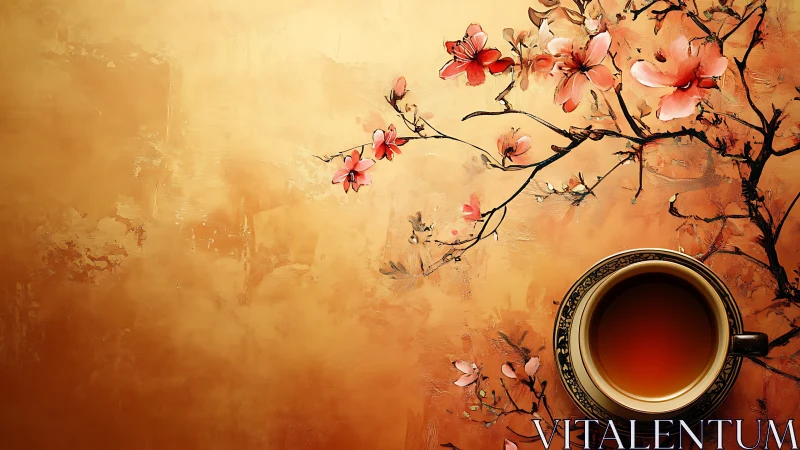 Delicate cherry blossoms frame a tranquil cup of tea